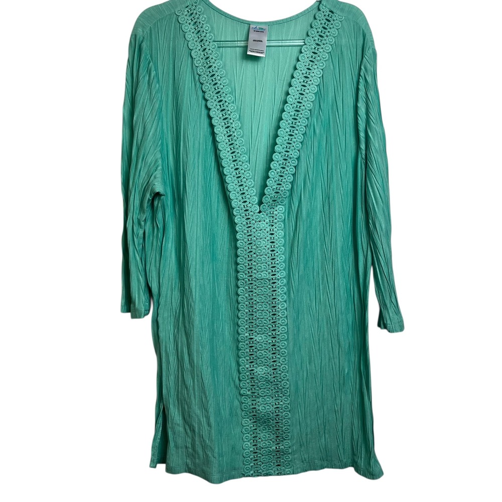 Catalina Womens Plus 3X Teal Green Crinkle Crochet Lace Trim Swim Cover Up Tunic